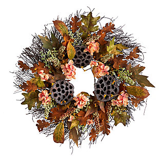 22" Autumn Hydrangea, Dried Lotus Pod Artificial Fall Wreath, , large