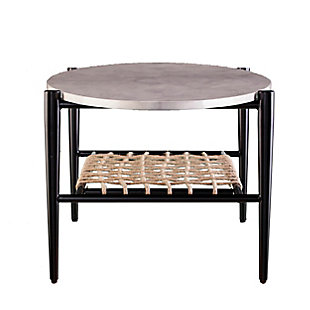 Rope in boho style. Cast an eclectic profile with this elongated oval cocktail table. Black metal and white faux marble, wrapped in natural hemp rope, bring a free-spirited look to your decor. Weave accent items into your space with your favorite reads or games on the hemp shelf, and your wine and cheese spread on the faux stone tabletop. Entertain intertwined style with this eclectic coffee table serving up your living room look.Made of engineered wood and metal | Woven hemp shelf | Top with faux marble paper veneer | Frame with black powdercoat finish | High contrast color scheme | Assembly required