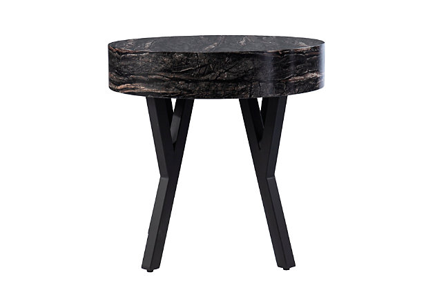 Modernize your living room look with this faux marble end table. A round tabletop holds framed photos or your cup of tea, while sleek metal legs add a touch of industrial flair. Designed for small spaces, this round accent table fits neatly alongside your living  room sofa or into your entryway as a modern plant stand. Create a sophisticated look in your studio apartment or open concept living space when you add this faux marble side table.Made of engineered wood and metal | Top with faux marble pattern | Unique mixed-material construction | Small space friendly design | Assembly required