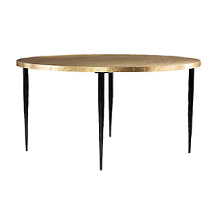 Bring handcrafted style into your space with this round coffee table. An embossed brass-tone decorates the spacious tabletop in a unique crisscross pattern, while forged iron legs add a touch of industrial flair. Blending one-of-a-kind design with contemporary styling, this metal cocktail table works beautifully in front of your living room sofa or as an accent piece in your open concept space. Your home gets a chic upgrade with this handmade coffee table.Made with engineered wood and iron | Top with brass-tone finish | Hand-forged legs | Handmade design for a one-of-a-kind look | Assembly required