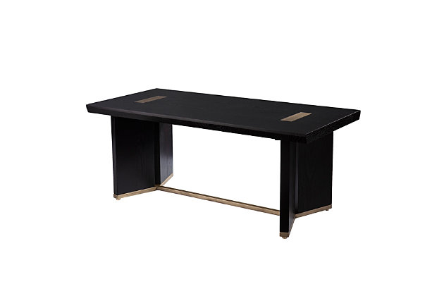 Elevate your style with this ebony cocktail table. Natural-colored metal inlays pair with a brass-plated base to highlight the mixed-material construction, crafting a chic two-tone look. A spacious tabletop offers plenty of room for your serving tray or magazine collection, while the unique base creates a contemporary feel. Give your home design a modern upgrade when you add this ebony and brass-plated coffee table.Made of engineered wood and metal | Top with ebony finish | Base is brass-plated | Updated mixed-material construction | Features a spacious tabletop | Assembly required