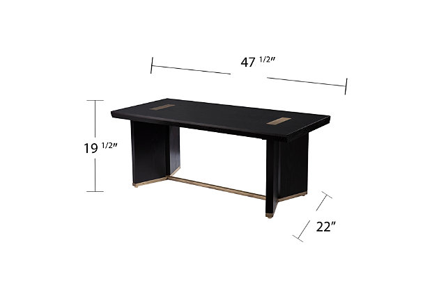 Elevate your style with this ebony cocktail table. Natural-colored metal inlays pair with a brass-plated base to highlight the mixed-material construction, crafting a chic two-tone look. A spacious tabletop offers plenty of room for your serving tray or magazine collection, while the unique base creates a contemporary feel. Give your home design a modern upgrade when you add this ebony and brass-plated coffee table.Made of engineered wood and metal | Top with ebony finish | Base is brass-plated | Updated mixed-material construction | Features a spacious tabletop | Assembly required