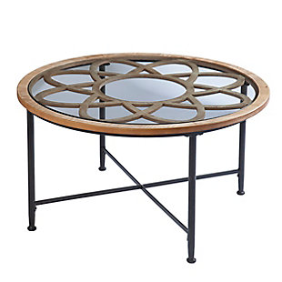 Add unique flair to your living space with this round cocktail table. A spacious glass tabletop offers plenty of room for your serving tray or magazine collection, while the floral-inspired design underneath creates a rustic look. X-shaped crossbars bring a classic feel to your space, highlighting modern farmhouse style in your family room or open concept floorplan. Cross country chic off your list when you bring home this glass-top coffee table.Made with engineered wood, metal and glass | Top with floral design | Modern mixed-material construction | Small space friendly footprint | Assembly required