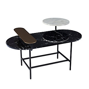 Bring home a contemporary look with this faux marble cocktail table. Tiered display shelves offer a unique way to show off photos or decor pieces, while the spacious tabletop keeps your magazines or cup of coffee in check. Faux marble surfaces pair with sturdy metal to create a sleek, modern feel, elevating your living room or open concept design. Add a sophisticated look to your space when you bring home this oval coffee table with storage.Made of engineered wood and metal | Faux marble pattern | Rounded edges | 2 geometric shelves | Tiered, small space friendly design | Assembly required