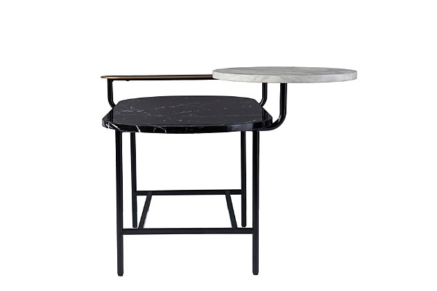 Bring home a contemporary look with this faux marble cocktail table. Tiered display shelves offer a unique way to show off photos or decor pieces, while the spacious tabletop keeps your magazines or cup of coffee in check. Faux marble surfaces pair with sturdy metal to create a sleek, modern feel, elevating your living room or open concept design. Add a sophisticated look to your space when you bring home this oval coffee table with storage.Made of engineered wood and metal | Faux marble pattern | Rounded edges | 2 geometric shelves | Tiered, small space friendly design | Assembly required