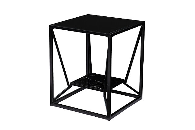 Display storage comes home with this glass-top side table. A faux marble shelf provides space for modern decor pieces, while the black glass tabletop holds a reading lamp or your cup of coffee. Designed for small spaces, this sleek end table slide neatly alongside your sofa or between a pair of armchairs. Elevate your contemporary decor when you add this square accent table to your living room or open concept space.Made of engineered wood, glass and metal | Black top | Frame with black finish | Shelf with black faux marble print | Geometric design | 1 open shelf | Small space friendly construction | Assembly required