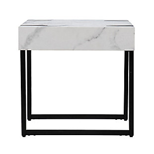 Add a hint of elegance to your space with this square side table. A faux marble tabletop easily displays a table lamp and your glass of wine, while sturdy iron legs give your decor a sleek, sophisticated feel. Enhance your small space with this faux marble end table collecting drinks and the TV remote alongside your living room sofa or keeping your favorite reads close at hand in your book nook. Contemporary style comes home with this two-tone accent table.Made of engineered wood and iron | Top with faux marble pattern | Inset black legs | Small space friendly design | Assembly required