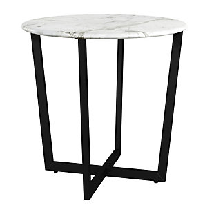 The Llona Round Side Table is arranged to have a two-dimensional appearance when viewed from certain angles. The beautiful white round marble top when paired with the powder coated base brings a polished look with a unique shape.Made of marble and steel | High-pressured laminated top with melamine | Powder coated base | Assembly required