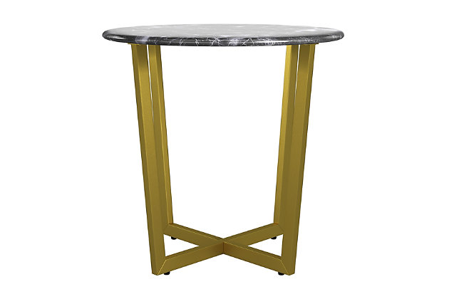 The Llona Round Side Table is arranged to have a two-dimensional appearance when viewed from certain angles. The beautiful black round marble top when paired with the powder coated base brings a polished look with a unique shape.Made of marble and steel | High-pressured laminated top with melamine | Powder coated base | Assembly required