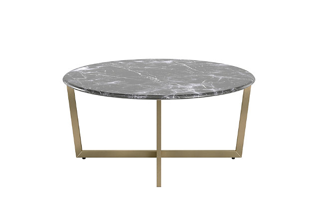 The Llona Round Coffee Table is arranged to have a two-dimensional appearance when viewed from certain angles. The beautiful black round marble top when paired with the powder coated base brings a polished look with a unique shape.Made of marble and steel | High-pressured laminated top with melamine | Powder coated base | Assembly required
