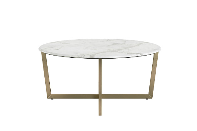 The Llona Round Coffee Table is arranged to have a two-dimensional appearance when viewed from certain angles. The beautiful white round marble top when paired with the powder coated base brings a polished look with a unique shape.Made of marble and steel | High-pressured laminated top with melamine | Powder coated base | Assembly required