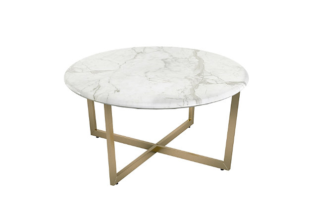 The Llona Round Coffee Table is arranged to have a two-dimensional appearance when viewed from certain angles. The beautiful white round marble top when paired with the powder coated base brings a polished look with a unique shape.Made of marble and steel | High-pressured laminated top with melamine | Powder coated base | Assembly required