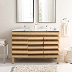 Render 48" Double Sink Bathroom Vanity, Oak/White, rollover