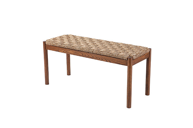 Take a seat in coastal style with this seagrass bench. Sleek legs create a modern feel, while the woven seagrass seat adds natural color and texture. The small space friendly design slides easily into your studio apartment or open concept floorplan, adding convenient seating to your entryway or dining space. Bring home beachy vibes with this coastal bench seat.Entryway bench with seagrass seat | Neutral color scheme blends with your existing décor | Small space friendly design