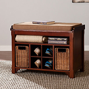Conquer the challenge of small space seating and storage with this multizonal, multitasking storage bench. Barely there footprint fits most tight spaces and eclectic harmony of espresso, caramel, and carob complements everything without blending in. Microfiber cushion sits comfy while shelving, rattan baskets, and compartments tidy everything from shoes and socks to dog walking gear. Relax, and take a load off with this storage bench in an entryway, dressing area, or mudroom.Small footprint bench tackles storage and seating | 4 shoe storage compartments, 2 removable rattan baskets, and 1 fixed shelf | Removable cushion
