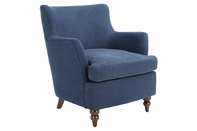 For those who desire a taste of tradition, this Levin Accent Chair is perfect for today’s classic-contemporary interiors. Levin is absolutely timeless with its familiar silhouette and turned bun feet in a rich walnut finish, while its soft linen upholstery gives a chic modern upgrade.Made of birch wood and iron | Walnut finish | Turned bun feet | Navy linen upholstery over cushioned seat and back | Weight capacity 275 lbs. | Clean with a soft, lint-free cotton cloth dampened with water or furniture polish | Clean with a soft, lint-free cotton cloth dampened with water or furniture polish | Assembly required