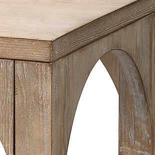 Architecturally inspired arches add interest to this contemporary openwork console. Artisan crafted of wood with a soft gray wash finish, it adds a breath of fresh air to today’s casually elegant decors.Made of engineered wood | Gray wash finish | Handcrafted | Assembly required | Imported