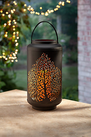 14.5-inch Tall Brown Rustic Lanterns with Leaf Motif Pattern and Built in LED Candle (Set of 2), , rollover