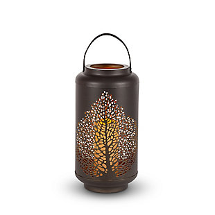 14.5-inch Tall Brown Rustic Lanterns with Leaf Motif Pattern and Built in LED Candle (Set of 2), , large