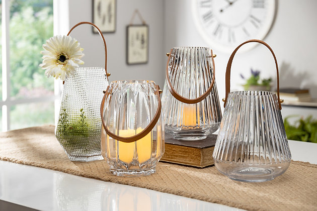 Clear Ribbed Glass Decorative Tealight Holder With Leather Handle 