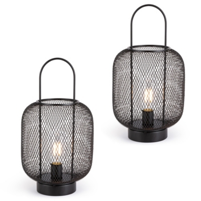 12.6-inch Tall Battery Operated Black Metal Wire Lanterns with LED