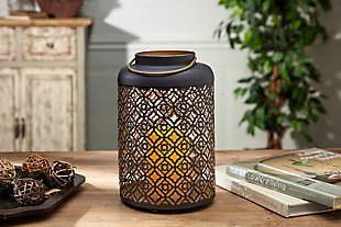 10-Inch Tall Black and Gold Metal Lantern with Built In 4.5-Inch Flameless Candle (Set of 2), , rollover
