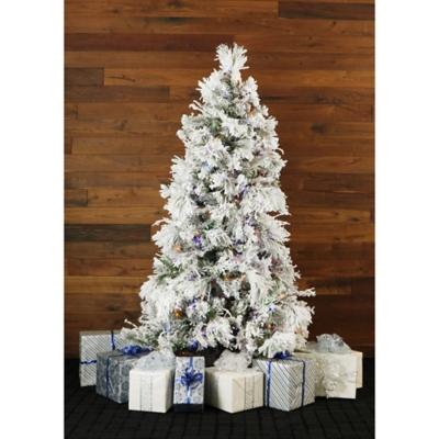 6.5-Ft. Flocked Snowy Pine Christmas Tree with Multi-Color LED String Lighting, , rollover