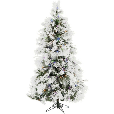 6.5-Ft. Flocked Snowy Pine Christmas Tree with Multi-Color LED String Lighting, , large