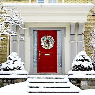 Christmas Snowy Wreath Door Hanging with Ornaments, Wood Houses, and Trees, , rollover