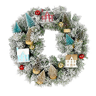 Christmas Snowy Wreath Door Hanging with Ornaments, Wood Houses, and Trees, , large