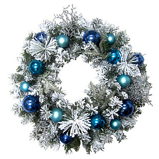 24-in. Christmas Snow Covered Wreath with Multi-Hued Blue Ornaments, , large