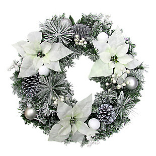 24-in. Christmas Frost Covered Wreath with White Poinsettia Blooms, Ornaments and Pinecones, , large