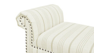 A bench like none other. The Kathy Collection roll-arm bench by Jennifer Taylor Home features a unique stitched and embroidered chenille fabric that is guaranteed to attract compliments. Adorned with a beautiful 3-ply twisted cord rope trim along the outline and inset of the arms, the Kathy bench is the perfect way to upgrade the look of any room in your home. An ideal choice for the entryway, it is also at home in the bedroom, or living room. This bench brings class and lounging comfort to any room. Wrapped in high-quality fabric, the solid wood frame is made from kiln-dried birch which provides exceptional support and stability. Jennifer Taylor Home offers a unique versatility in design and makes use of a variety of trend inspired color palettes and textures. Our products bring new life to the classic American home.Bench-made home furnishing products carey hand built by experienced craftsmen and women | A sturdy frame of kiln-dried solid hardwood and 11-layer plywood for strength and support that will last | Upholstered in high-quality woven fabric atop premium high-density flame-retardant foam for a luxurious firm feel | Hand-applied iron nailhead accents with zinc finish | High quality material selection provide durability with a lush look, wide variety of colors are cozy and inviting.