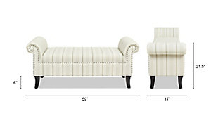 A bench like none other. The Kathy Collection roll-arm bench by Jennifer Taylor Home features a unique stitched and embroidered chenille fabric that is guaranteed to attract compliments. Adorned with a beautiful 3-ply twisted cord rope trim along the outline and inset of the arms, the Kathy bench is the perfect way to upgrade the look of any room in your home. An ideal choice for the entryway, it is also at home in the bedroom, or living room. This bench brings class and lounging comfort to any room. Wrapped in high-quality fabric, the solid wood frame is made from kiln-dried birch which provides exceptional support and stability. Jennifer Taylor Home offers a unique versatility in design and makes use of a variety of trend inspired color palettes and textures. Our products bring new life to the classic American home.Bench-made home furnishing products carey hand built by experienced craftsmen and women | A sturdy frame of kiln-dried solid hardwood and 11-layer plywood for strength and support that will last | Upholstered in high-quality woven fabric atop premium high-density flame-retardant foam for a luxurious firm feel | Hand-applied iron nailhead accents with zinc finish | High quality material selection provide durability with a lush look, wide variety of colors are cozy and inviting.