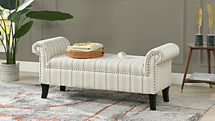 A bench like none other. The Kathy Collection roll-arm bench by Jennifer Taylor Home features a unique stitched and embroidered chenille fabric that is guaranteed to attract compliments. Adorned with a beautiful 3-ply twisted cord rope trim along the outline and inset of the arms, the Kathy bench is the perfect way to upgrade the look of any room in your home. An ideal choice for the entryway, it is also at home in the bedroom, or living room. This bench brings class and lounging comfort to any room. Wrapped in high-quality fabric, the solid wood frame is made from kiln-dried birch which provides exceptional support and stability.  Jennifer Taylor Home offers a unique versatility in design and makes use of a variety of trend inspired color palettes and textures. Our products bring new life to the classic American home.Bench-made home furnishing products carefully hand built by experienced craftsmen and women | A sturdy frame of kiln-dried solid hardwood and 11-layer plywood for strength and support that will last | Upholstered in high-quality woven fabric atop premium high-density flame-retardant foam for a luxurious medium firm feel | Hand-applied iron nailhead accents with zinc finish | High quality material selection provide  durability with a lush look, wide variety of colors are cozy and inviting.