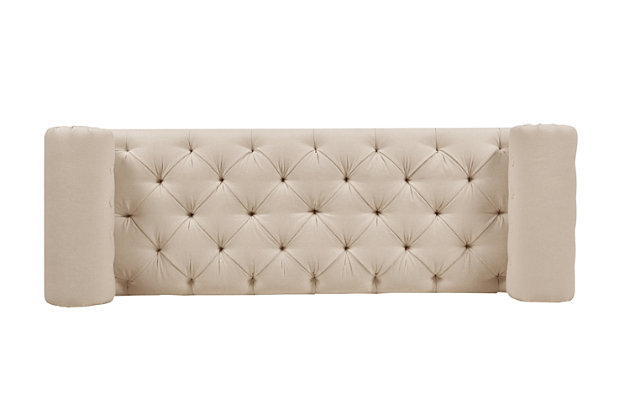 When glam meets traditional. The Lewis Collection by Jennifer Taylor Home adds the perfect balance between glam and traditional look to give a fresh new look to any living space. Crafted beautifully with solid kiln dried Birchwood, upholstered with high grade fabrics, and accented with hand tufting along the seat and matching removable bolster pillows, this bench brings class and lounging comfort to any room in the home, whether it’s used as additional seating for guests or extra space to spruce up your home decor.Bench-made home furnishing products carefully hand built by experienced craftsmen and women | A sturdy frame of kiln-dried solid hardwood and 11-layer plywood for strength and support that will last | Upholstered in high-quality woven fabric atop premium high-density flame-retardant foam for a luxurious medium firm feel | Low seat height of 15 inches is great for placing at the end of a bed or below a low window | Two bolster arms give a lovely vintage style | Hand gathered tufting detail all over the seat and the bolster arms