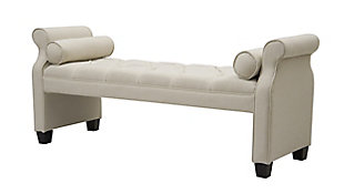 The Jocelyn Collection by Jennifer Taylor Home is the perfect addition to any living space looking to add a bit of a modern flair. High quality fabric wraps a solid wood frame made from kiln dried birch which provides exceptional support and stability. Crafted beautifully with rolled arms, hand tufting along seat, decorative matching cord trims, and 2 matching bolster pillows, this bench brings class and lounging comfort to any room in the home, whether it’s used as additional seating for guests or extra space to spruce up your home decor.Bench-made home furnishing products carefully hand built by experienced craftsmen and women | A sturdy frame of kiln-dried solid hardwood and 11-layer plywood for strength and support that will last | Upholstered in high-quality woven fabric atop premium high-density flame-retardant foam for a luxurious medium firm feel | High quality material selection provide  durability with a lush look, wide variety of colors are cozy and inviting.