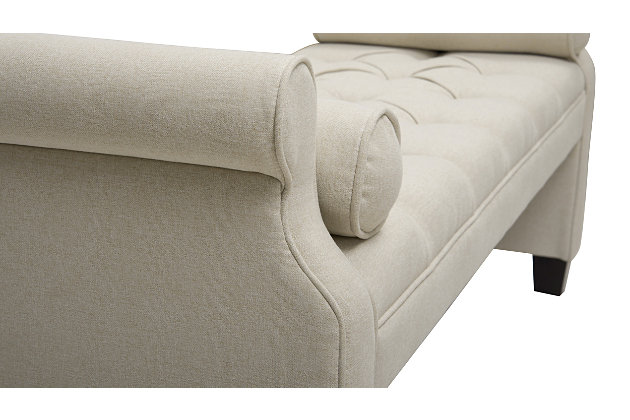 The Jocelyn Collection by Jennifer Taylor Home is the perfect addition to any living space looking to add a bit of a modern flair. High quality fabric wraps a solid wood frame made from kiln dried birch which provides exceptional support and stability. Crafted beautifully with rolled arms, hand tufting along seat, decorative matching cord trims, and 2 matching bolster pillows, this bench brings class and lounging comfort to any room in the home, whether it’s used as additional seating for guests or extra space to spruce up your home decor.Bench-made home furnishing products carefully hand built by experienced craftsmen and women | A sturdy frame of kiln-dried solid hardwood and 11-layer plywood for strength and support that will last | Upholstered in high-quality woven fabric atop premium high-density flame-retardant foam for a luxurious medium firm feel | High quality material selection provide  durability with a lush look, wide variety of colors are cozy and inviting.