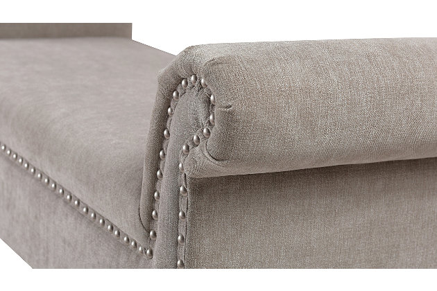 The Ash Collection by Jennifer Taylor Home is the perfect addition to any living space looking to add a bit of a modern flair. High quality fabric wraps a solid wood frame made from kiln dried birch which provides exceptional support and stability. Crafted beautifully with rolled arms and a decorative nail head trim along the edges, this bench brings class and lounging comfort to any room in the home, whether it’s used as additional seating for guests or extra space to spruce up your home decor.Bench-made home furnishing products carefully hand built by experienced craftsmen and women | A sturdy frame of kiln-dried solid hardwood and 11-layer plywood for strength and support that will last | Upholstered in high-quality woven fabric atop premium high-density flame-retardant foam for a luxurious medium firm feel | Hand-applied iron nailhead accents with zinc finish | High quality material selection provide  durability with a lush look, wide variety of colors are cozy and inviting.