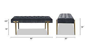 The Aria Accent Bench by Jennifer Taylor Home is a glamorous statement perfect wherever you need additional seating. The performance velvet upholstery is durable and soft, great for homes with kids and pets, and is complemented by the satin goldtone legs. Use this bench as a dining banquette to complete your dining set, or as a cocktail ottoman in  your living room, or in your bedroom at the end of your bed.Handmade by master furniture craftsmen for the highest level of quality | Sturdy frame of kiln-dried solid birchwood and layered plywood provides excellent support and stability | Upholstered in performance velvet atop a high-density foam cushion for a medium firm feel | Seat is hand-tufted for a crafted, detailed look | Add an element of glam with the satin gold legs | Great in the living room, entryway, or bedroom