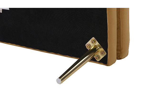 Glamorous and stylish are what best describe the Oliver Entryway Bench Collection by Sandy Wilson Home. You would think the dazzling looks of this modern mid-century style bench with its polished goldtone legs and plush down pillow top cushion belong in the lobby of a posh hotel or spa—why not bring that look home to your own living room for yourself to enjoy and impress your guests. Handmade with rich luxurious fabrics and a solid wood frame for exceptional quality that will last.Handmade by master furniture craftsmen for the highest level of quality | Sturdy frame of kiln-dried solid birch hardwood and 11-layer plywood provides excellent support and stability | Upholstered in velvet atop a high-density foam and down blend pillow top cushion for a luxurious medium firm feel | Dust-lined high-strength sinuous spring suspension provides long lasting comfort and style | Polished gold legs modernize the classic mid-century style