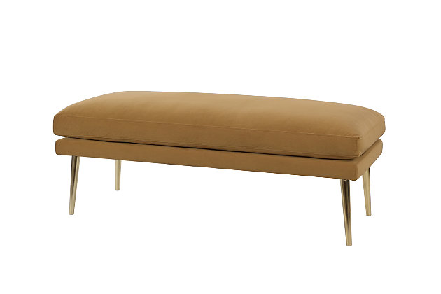 Glamorous and stylish are what best describe the Oliver Entryway Bench Collection by Sandy Wilson Home. You would think the dazzling looks of this modern mid-century style bench with its polished goldtone legs and plush down pillow top cushion belong in the lobby of a posh hotel or spa—why not bring that look home to your own living room for yourself to enjoy and impress your guests. Handmade with rich luxurious fabrics and a solid wood frame for exceptional quality that will last.Handmade by master furniture craftsmen for the highest level of quality | Sturdy frame of kiln-dried solid birch hardwood and 11-layer plywood provides excellent support and stability | Upholstered in velvet atop a high-density foam and down blend pillow top cushion for a luxurious medium firm feel | Dust-lined high-strength sinuous spring suspension provides long lasting comfort and style | Polished gold legs modernize the classic mid-century style