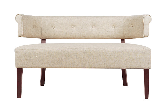 Add a retro-modern accent to any space with the Jared Settee Collection by Jennifer Taylor Home. The unique split-back silhouette, recessed arms, and dark wood frame come together in this lovely settee to create a functional and stylish piece. Use the settee as a bench at the end of the bed, banquette seating at a dining nook, or to fill out the living room with additional seating.Use in the entryway or bedroom for extra seating or as a banquette settee in a dining nook | A sturdy frame of kiln-dried solid hardwood and 11-layer plywood for strength and support that will last | Upholstered in high-quality woven fabric atop premium high-density flame-retardant foam for a luxurious firm feel | High-strength sinuous spring suspension for long lasting comfort and support | Mid-Century Modern silhouette with recessed arms and split back | Lightly tufted back for a touch of retro-style