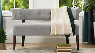 Add a retro-modern accent to any space with the Jared Settee Collection by Jennifer Taylor Home. The unique split-back silhouette, recessed arms, and dark wood frame come together in this lovely settee to create a functional and stylish piece. Use the settee as a bench at the end of the bed, banquette seating at a dining nook, or to fill out the living room with additional seating.Use in the entryway or bedroom for extra seating or as a banquette settee in a dining nook | A sturdy frame of kiln-dried solid hardwood and 11-layer plywood for strength and support that will last | Upholstered in high-quality woven fabric atop premium high-density flame-retardant foam for a luxurious medium firm feel | High-strength sinuous spring suspension for long lasting comfort and support | Mid-Century Modern silhouette with recessed arms and split back | Lightly tufted back for a touch of retro-style