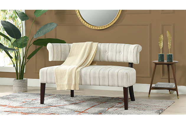 Add a retro-modern accent to any space with the Jared Settee Collection by Jennifer Taylor Home. The unique split-back silhouette, recessed arms, and dark wood frame come together in this lovely settee to create a functional and stylish piece. Use the settee as a bench at the end of the bed, banquette seating at a dining nook, or to fill out the living room with additional seating.Use in the entryway or bedroom for extra seating or as a banquette settee in a dining nook | A sturdy frame of kiln-dried solid hardwood and 11-layer plywood for strength and support that will last | Upholstered in high-quality woven fabric atop premium high-density flame-retardant foam for a luxurious medium firm feel | High-strength sinuous spring suspension for long lasting comfort and support | Mid-Century Modern silhouette with recessed arms and split back | Lightly tufted back for a touch of retro-style