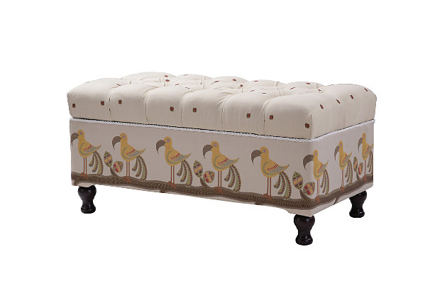 The Naomi Collection by Jennifer Taylor Home aims to add some functional storage space to the entryway, living area or bedroom. The unique storage bench design features a lifting cover which reveals an ample amount of storage space and organizational options. The selected fabric features a high-quality polyester and viscose blend and engineered for long life. The solid wood frame is made from kiln-dried birch which provides exceptional support and stability. This unique hand tufted kantha design makes this piece simple yet elegant. The Naomi is an ideal choice for the entryway, hallway or living areas. This bench brings class and lounging comfort to any room in the home, whether it’s used as a footrest or additional seating for guests. Jennifer Taylor Home offers a unique versatility in design and makes use of a variety of trend inspired color palettes and textures. Our products bring new life to the classic American home.Bench-made home furnishing products carey hand built by experienced craftsmen and women | A sturdy frame of kiln-dried solid hardwood and 11-layer plywood for strength and support that will last | Upholstered in high-quality woven fabric atop premium high-density flame-retardant foam for a luxurious firm feel | High quality material selection provide durability with a lush look, wide variety of colors are cozy and inviting.