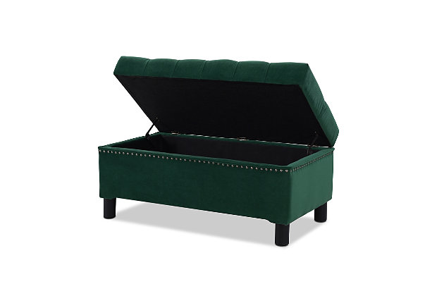 The Renee Collection by Jennifer Taylor Home aims to add some functional storage space to the entryway, living area, or bedroom. This chic and functional storage bench features a hinged seat that reveals an ample storage space for vast organizational options. The selected fabric features a high-quality polyester blend and engineered for long life. The solid wood frame is made from kiln-dried birch which provides exceptional support and stability. Crafted beautifully with hand tufting along the lid with a single nail head trim along the edges, this bench brings class and lounging comfort to any room in the home, whether it’s used as a footrest or additional seating for guests. Jennifer Taylor Home offers a unique versatility in design and makes use of a variety of trend inspired color palettes and textures. Our products bring new life to the classic American home.Bench-made home furnishing products carefully hand built by experienced craftsmen and women | A sturdy frame of kiln-dried solid hardwood and 11-layer plywood for strength and support that will last | Upholstered in high-quality woven fabric atop premium high-density flame-retardant foam for a luxurious medium firm feel | Hand-applied iron nailhead accents with zinc finish | High quality material selection provide  durability with a lush look, wide variety of colors are cozy and inviting.