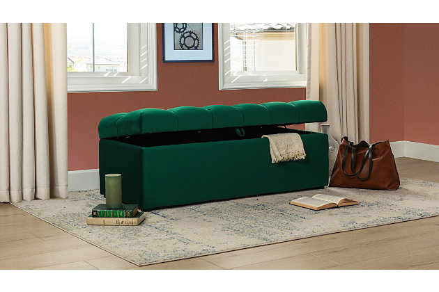 Your home deserves nothing but the best. The Arlo Collection by Jennifer Taylor aims to add some functional storage space to the entryway, living area, or bedroom. This storage bench has a hinged tufted and cushioned top that remains open when you want it to ma it great to store extra linens, children's' toys, or shoes. Crafted beautiy with hand tufting on top, this storage bench brings functional comfort to any room in the home, whether it’s used as a footrest, cocktail table, or additional seating for guests.Bench-made home furnishing products carey hand built by experienced craftsmen and women | A sturdy frame of kiln-dried solid hardwood and 11-layer plywood for strength and support that will last | Upholstered in high-quality woven fabric atop premium high-density flame-retardant foam for a luxurious firm feel | High quality material selection provide durability with a lush look, wide variety of colors are cozy and inviting.