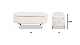 Add a chic modern accent to any room in the home lacking in storage with the Chloe Bench Collection by Sandy Wilson Home. The beautifully upholstered oval-shaped bench is accented with vertical tufting all around and complemented with sleek goldtone legs. The generous storage area is perfect for keeping extra throw blankets and pillows, shoes, or other knick knacks out of sight.Bench-made home furnishing products carefully hand built by experienced craftsmen and women | A sturdy frame of kiln-dried solid hardwood and 11-layer plywood for strength and support that will last | Upholstered in high-quality woven fabric atop premium high-density flame-retardant foam for a luxurious medium firm feel | Satin gold metal legs in a sleek modern silhouette | Oval-silhouette with a flip top storage compartment | See the Aspen Bed Collection for a matching modern platform bed