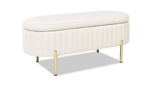 Add a chic modern accent to any room in the home lacking in storage with the Chloe Bench Collection by Sandy Wilson Home. The beautifully upholstered oval-shaped bench is accented with vertical tufting all around and complemented with sleek goldtone legs. The generous storage area is perfect for keeping extra throw blankets and pillows, shoes, or other knick knacks out of sight.Bench-made home furnishing products carefully hand built by experienced craftsmen and women | A sturdy frame of kiln-dried solid hardwood and 11-layer plywood for strength and support that will last | Upholstered in high-quality woven fabric atop premium high-density flame-retardant foam for a luxurious medium firm feel | Satin gold metal legs in a sleek modern silhouette | Oval-silhouette with a flip top storage compartment | See the Aspen Bed Collection for a matching modern platform bed